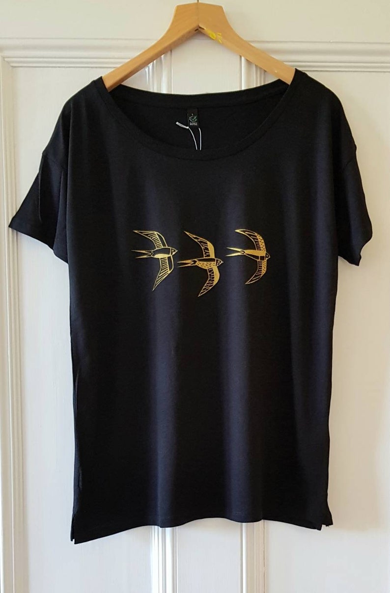 Womens slouchy tshirt, womens organic cotton and tencel tshirt, handprinted loose fit tshirt, gold floral print tshirt,swallow print tshirt Black swallows