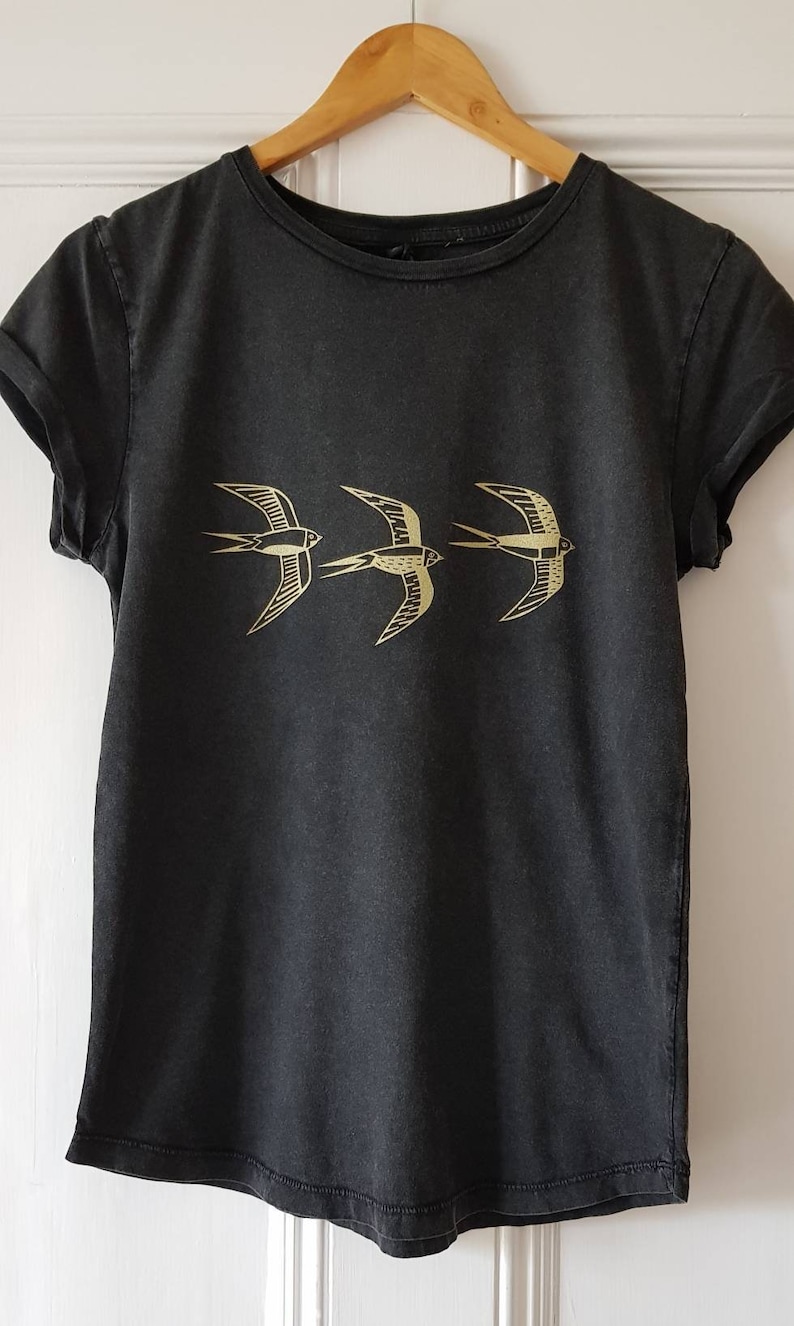 Swallow print t-shirt, womens roll sleeve t-shirt, organic cotton roll sleeve tshirt, bird print tshirt, womens handprinted tshirt, bird top Black & gold