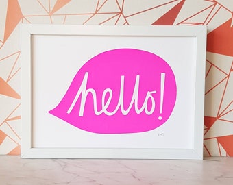 Hello screen print - typography print - hello poster - teenagers bedroom art - print for kids bedroom - Nursery artwork - hello print.