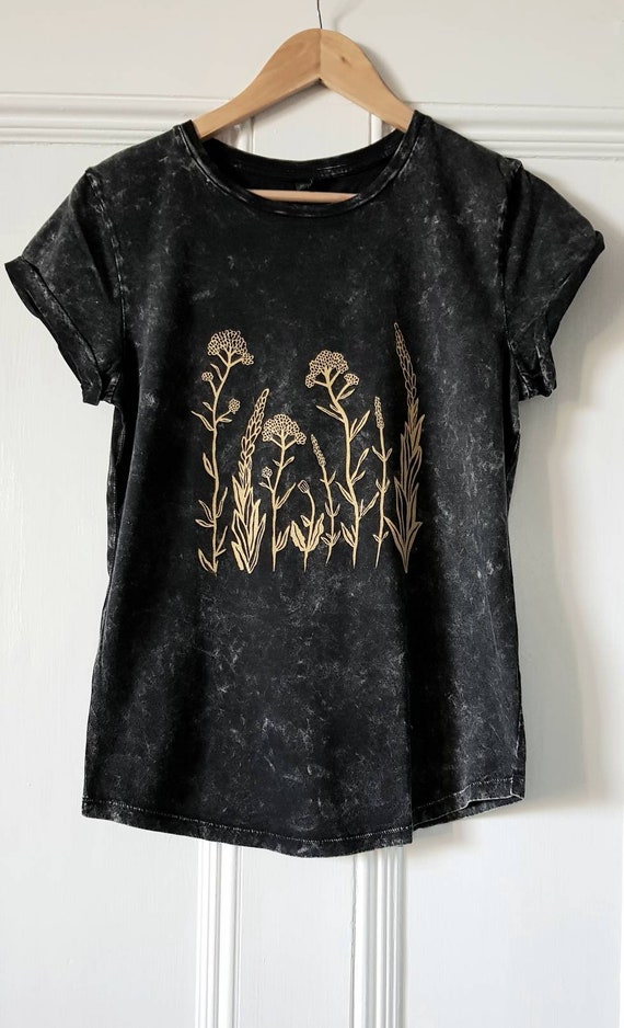 Wildflower print t-shirt, roll sleeve womens organic cotton tshirt, flower print tshirt, floral tshirt, handprinted stonewash tshirt.