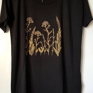 Womens slouchy tshirt, womens organic cotton and tencel tshirt, handprinted loose fit tshirt, gold floral print tshirt,swallow print tshirt Black wildflowers