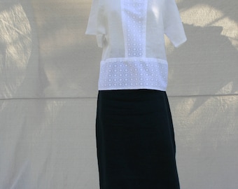 Bianco & crema di cotone occhiello e camicetta di lino Peplum