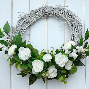 White Rose Wedding Wreath: Silver Shimmer Bridal Shower Decor