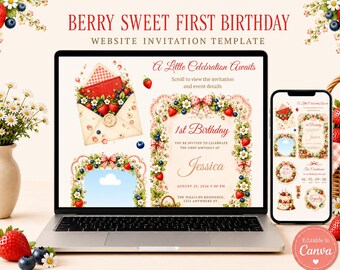 Zaproszenie na urodziny z jagodami, szablon strony internetowej z zaproszeniem na pierwsze urodziny z RSVP, zaproszenie na urodziny z truskawkami, słodkie zaproszenie na urodziny z jagodami