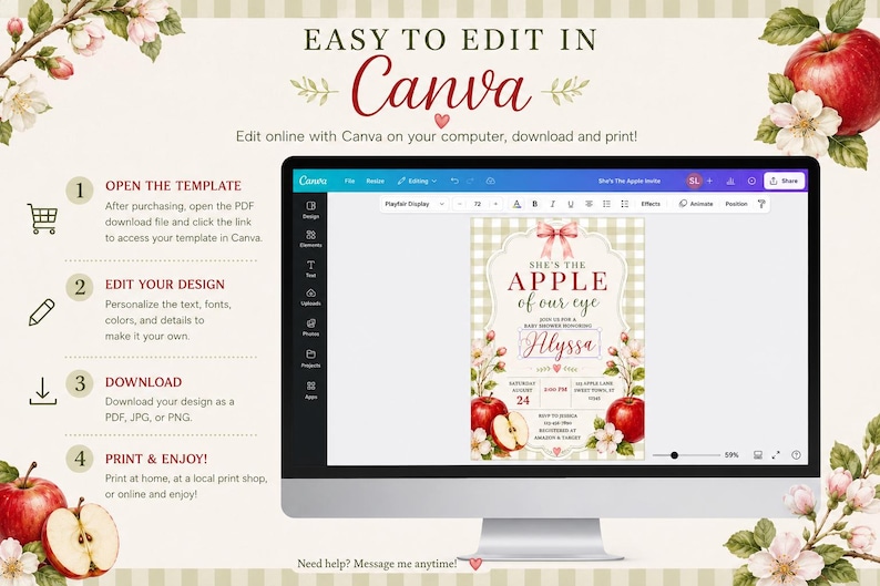 Może przedstawiać: Monitor komputerowy wyświetlający cyfrowy szablon zaproszenia na baby shower w programie Canva. Zaproszenie zawiera wz&oacute;r czerwonego jabłka i kwiat&oacute;w jabłoni z tekstem She's the Apple of our eye, Alyssa oraz szczeg&oacute;łami wydarzenia.