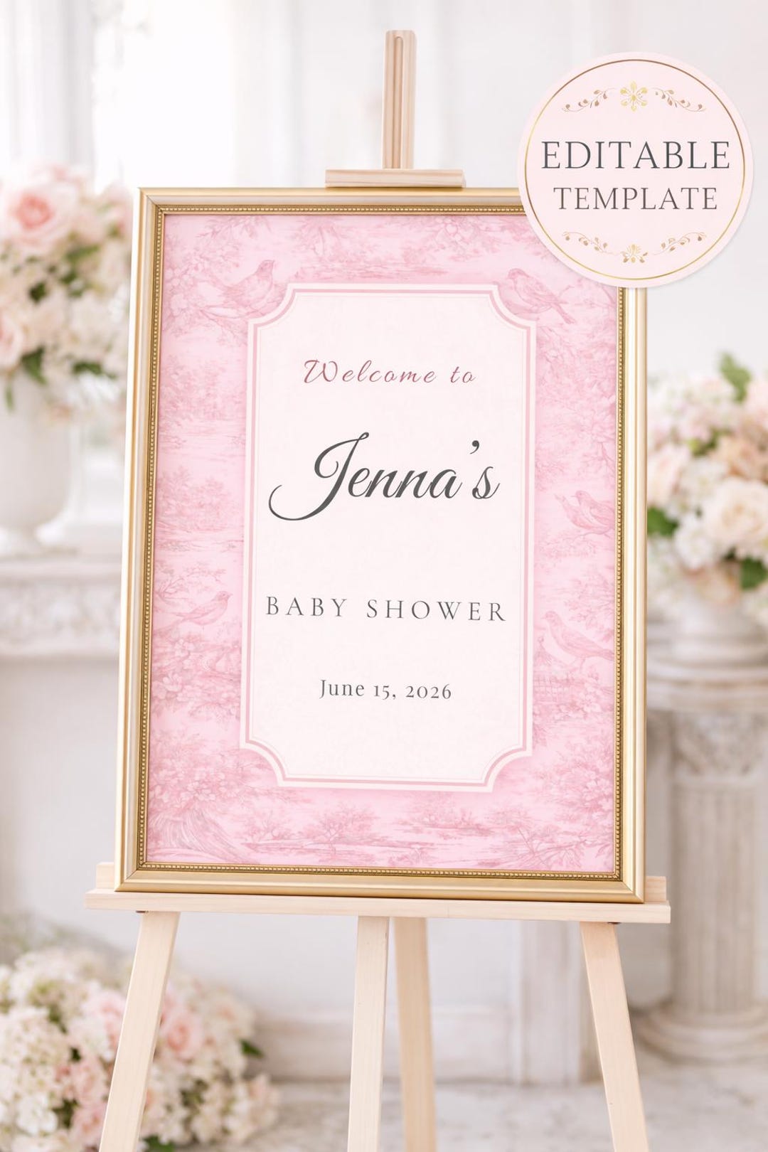 Welcome Rosa Editable Pink Toile Baby Shower Welcome Sign Template, French Baby ...