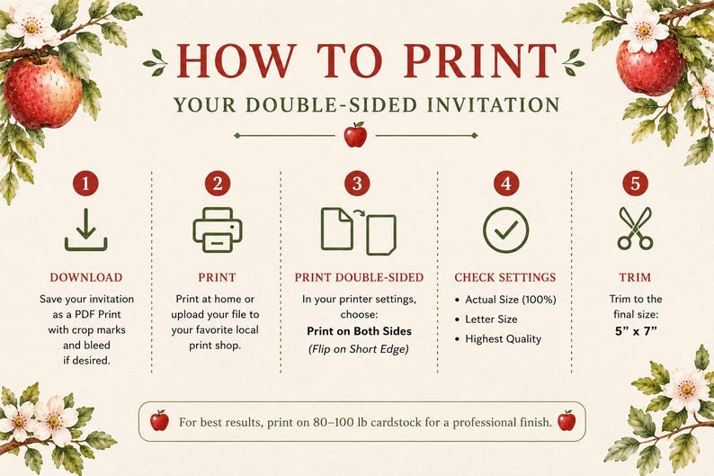Może przedstawiać: Grafika instruktażowa zatytułowana HOW TO PRINT YOUR DOUBLE-SIDED INVITATION, ozdobiona ilustracjami czerwonych jabłek i pięcioma numerowanymi krokami. Opisuje pobieranie, drukowanie, ustawienia dwustronne oraz przycinanie do formatu 5" x 7".