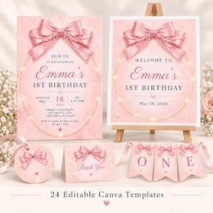 May include: A set of pink birthday party stationery templates featuring a satin bow and pearl strings. Includes an invitation, welcome sign on an easel, circular tag, thank you card, and a banner spelling ONE, all with gold circular frames.