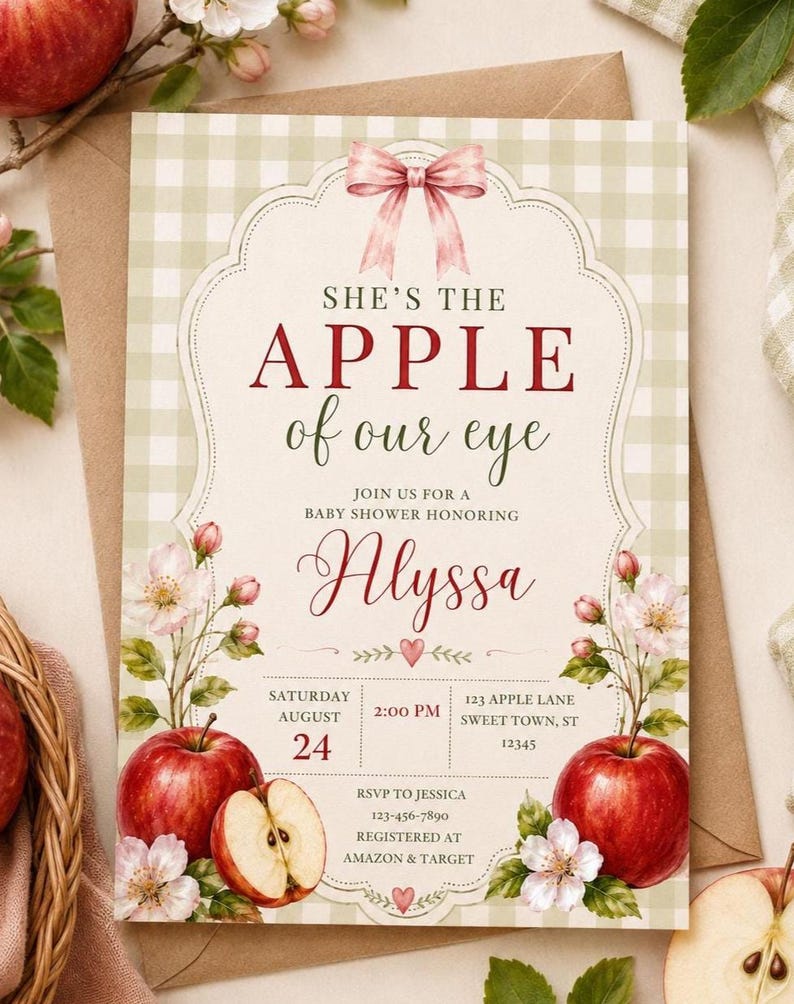 Może przedstawiać: Prostokątne zaproszenie na baby shower z jasnym zielonym tłem w kratkę, r&oacute;żową kokardą u g&oacute;ry oraz ilustracjami czerwonych jabłek z białymi kwiatami. Tekst brzmi: SHE'S THE APPLE of our eye, JOIN US FOR A BABY SHOWER HONORING Alyssa.
