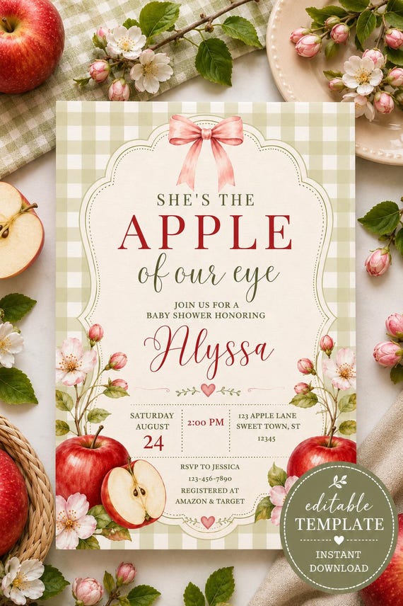 She's the Apple of Our Eye Baby Shower Invitation, Editable Canva Apple Invite, Orchard Baby Shower, Fall Baby Shower Template