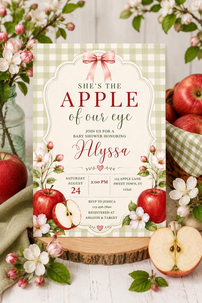 Może przedstawiać: Prostokątne zaproszenie na baby shower z jasnozielonym tłem w kratkę, r&oacute;żową kokardką na g&oacute;rze i ilustracjami czerwonych jabłek. Tekst brzmi: SHE'S THE APPLE of our eye JOIN US FOR A BABY SHOWER HONORING Alyssa SATURDAY AUGUST 24 2:00 PM 123 APPLE LANE SWEET TOWN, ST 12345 RSVP TO JESSICA 123-456-7890 REGISTERED AT AMAZON & TARGET.