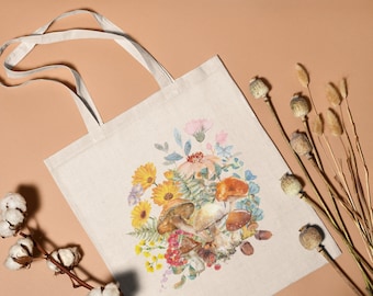 Mushroom Tote Bag Floral Tote Bag With Flowers Cottagecore Tote Bag Mushroom Gift Cute Tote Bag Eco Friendly Bag Aesthetic Cottagecore Bag