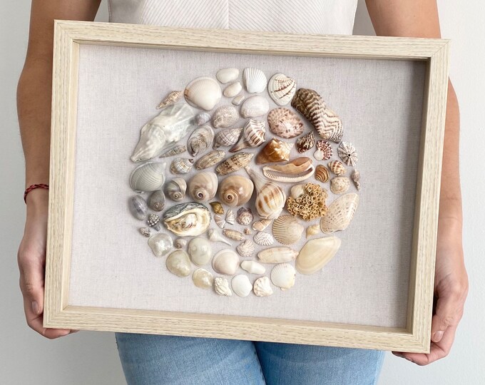 Gray to Brown Ombre Circle Shell Mosaic Shadow Box Art With Glass ...