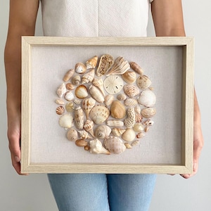 Neutral Shell Mosaic Shadow Box Art with Glass Enclosure