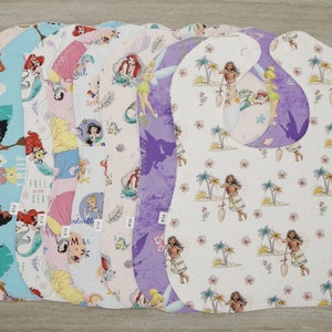 Princess Bibs, Baby Bibs, Washable Cotton Bib, Infant Bibs, Toddler Bibs, Cinderella Bib, Snow White Bib, Moana Bib