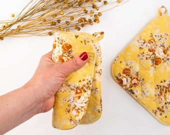 Maniques jaunes, décoration de cuisine jaune, manique matelassée fleur, cadeau de cuisine pour elle, manique en coton, moufles de cuisine, tampons pour four