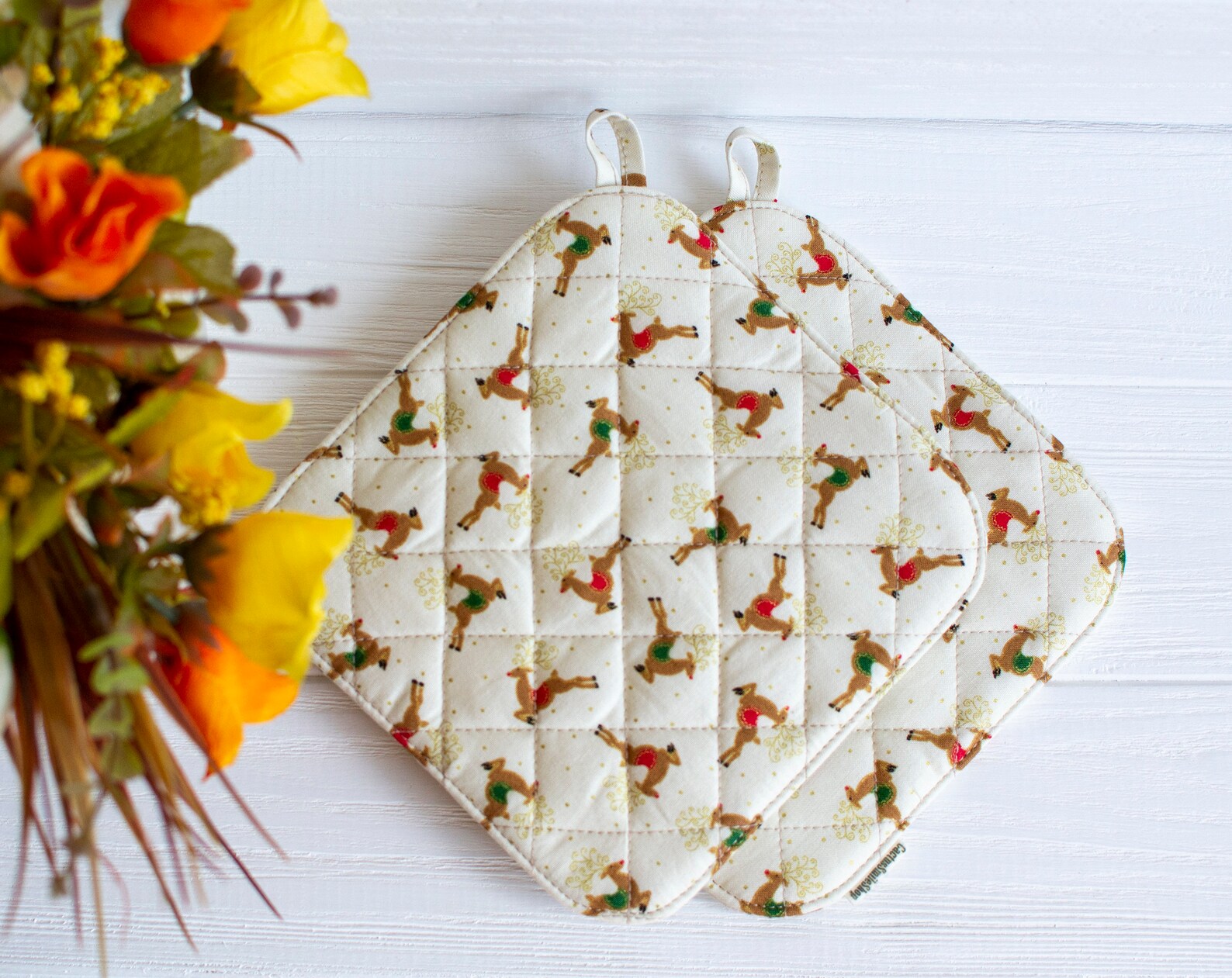 Christmas potholders with deer beige potholder holiday Etsy