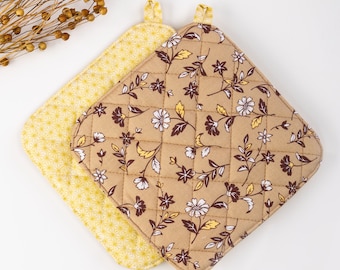 Maniques matelassées florales, décoration de cuisine marron et jaune, ensemble de 2