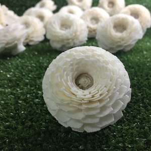 May include: White sola wood flower with a layered, ruffled design. The flower is approximately 3 inches in diameter and has a slightly textured surface.