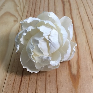 May include: A single white sola wood flower, resembling a peony, with a slightly ruffled texture. The flower is lying on a light brown wooden surface.