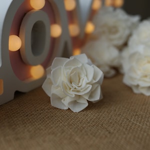 May include: A single white sola wood flower with a ruffled texture, sitting on a brown burlap surface. The flower is in focus, while a white wooden sign with the word "LOVE" and lights is out of focus in the background.