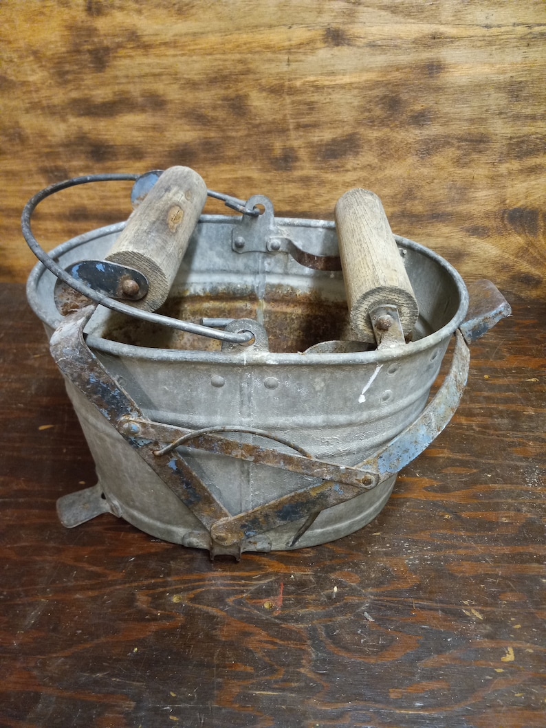 Vintage Galvanized Metal Mop Bucket With Wooden Wringer Etsy
