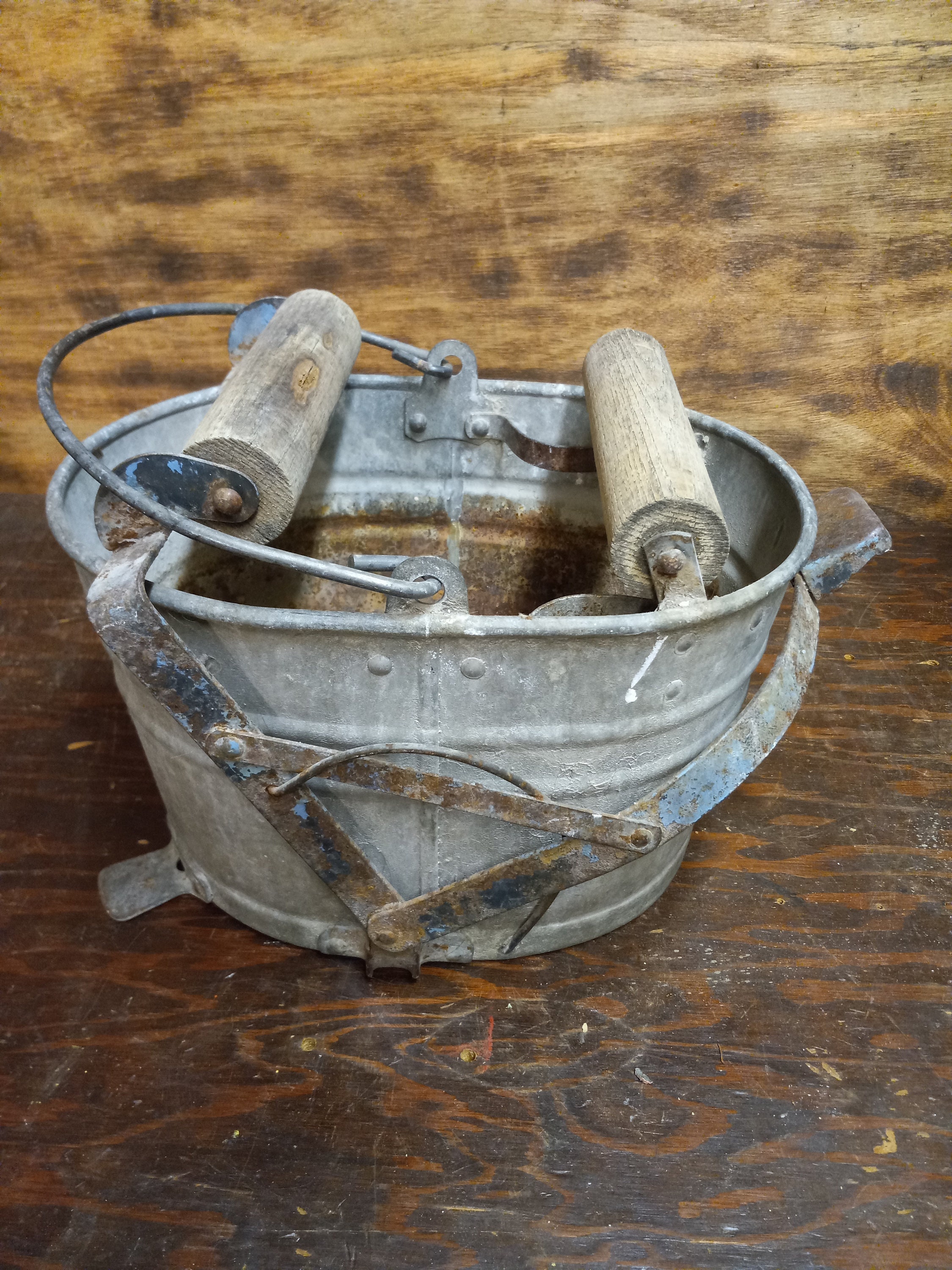 Vintage galvanized tin metal Wash Bucket Metal Mop Wringer Wood Roller