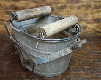 Vintage Galvanized Metal Mop Bucket with Wooden Wringer