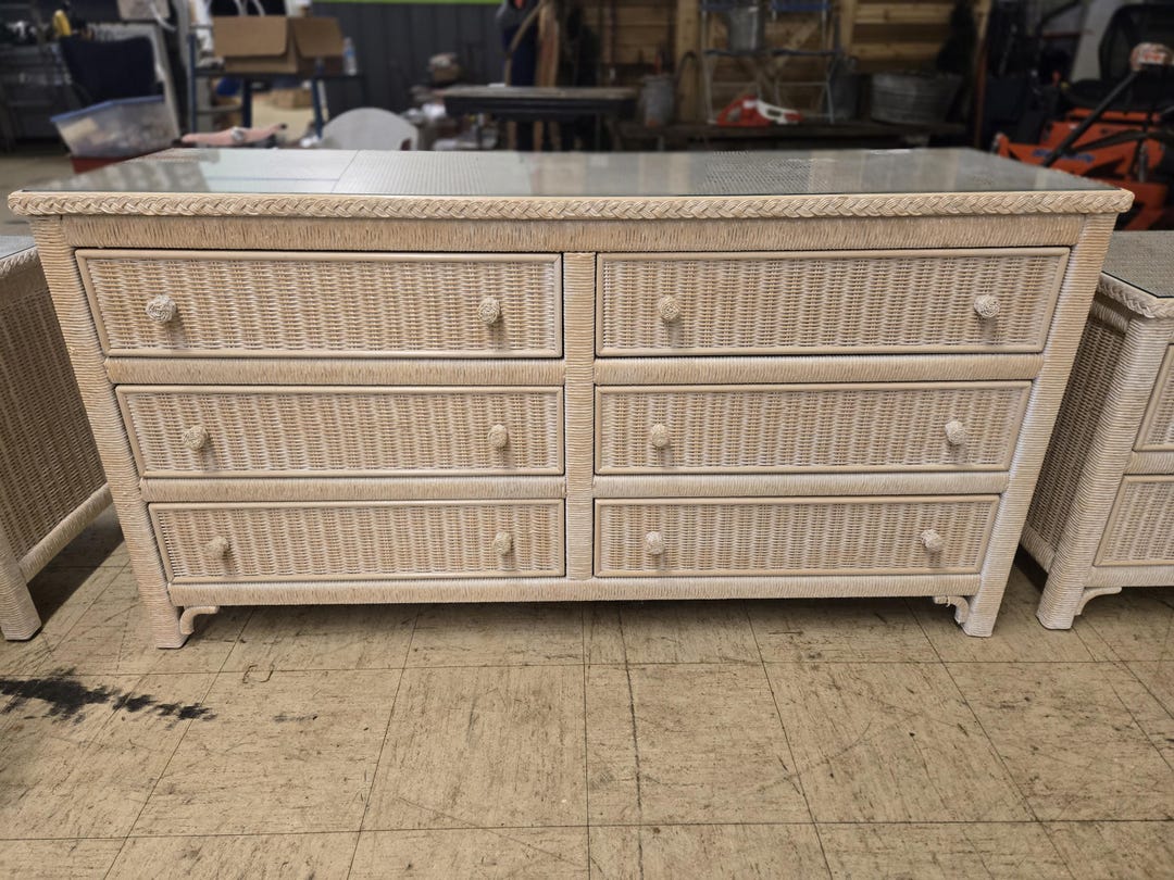 Vintage Henry Link White Wicker 6 Drawer Dresser With Glass Top - Etsy