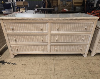 Vintage Henry Link White Wicker 6 Drawer Dresser with glass top