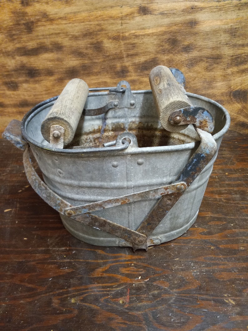 Vintage Galvanized Metal Mop Bucket With Wooden Wringer Etsy