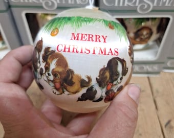 Vintage 1980's Kmart Satin Dog Puppy Puppies Christmas Ornament NOS