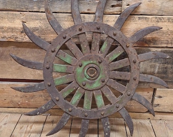 Vintage Cast Iron Metal Farm Rotary Disc Plow Wheel Tiller 16 Spokes