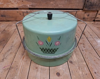 Vintage Metal Green Floral Cake Pie Carrier 2 Tier Cake Holder