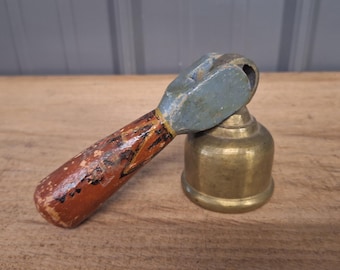 Vintage Brass School Hand Held Dinner Bell with Painted Wood Handle