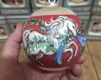 Vintage 1980&#39;s Kmart Satin Unicorn Bells Holly Satin Christmas Ornament NOS