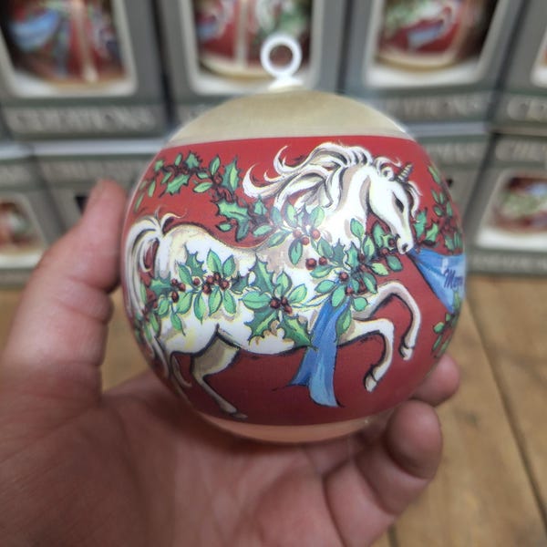 Vintage 1980's Kmart Satin Unicorn Bells Holly Satin Christmas Ornament NOS