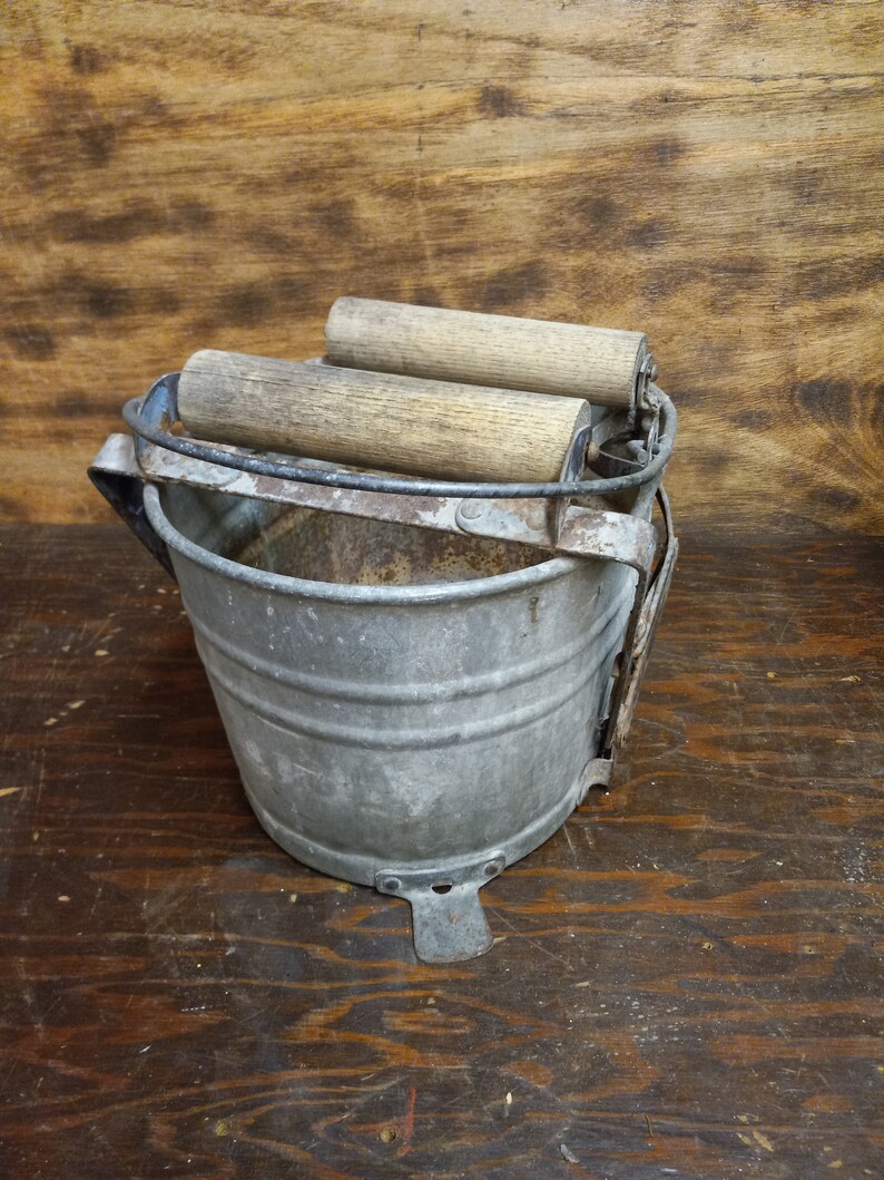 Vintage Galvanized Metal Mop Bucket With Wooden Wringer Etsy
