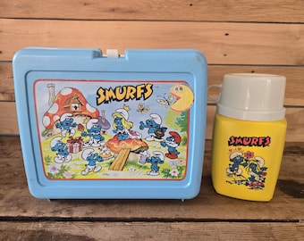 Vintage 1980's Blue Smurfs Plastic Lunch Box With Yellow Thermos