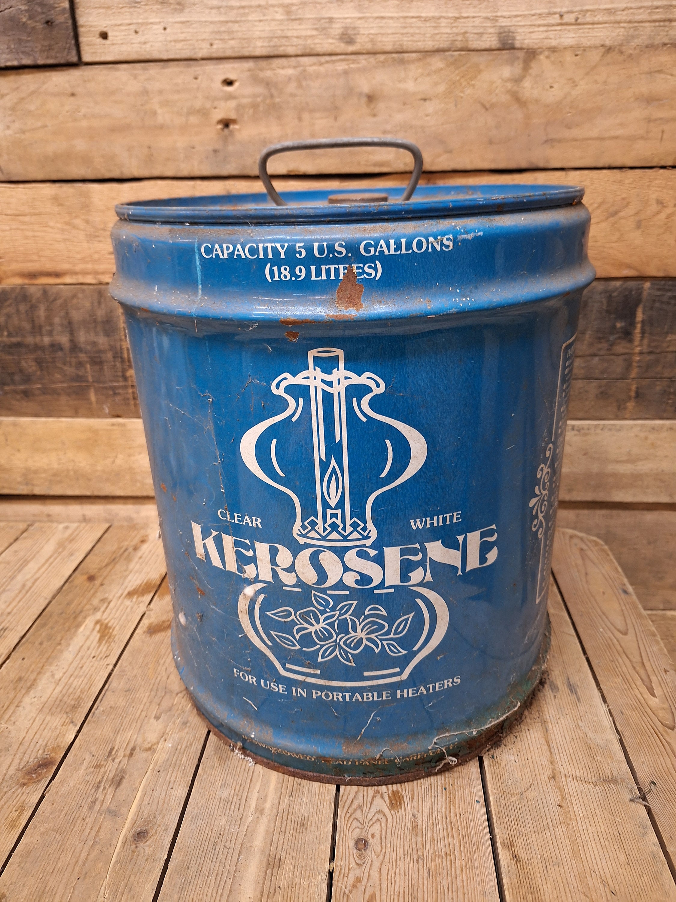 Vintage Blue White Metal 5 Gallon Kerosene Gas Oil Can Clear White