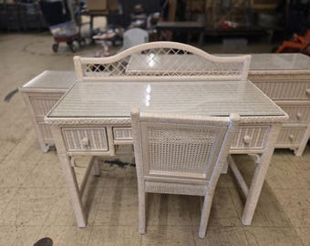 Vintage Henry Link White Wicker Desk with Glass Top and Wicker Chair