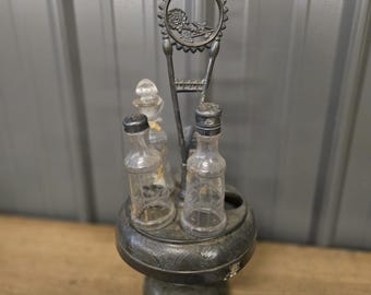 Antique Silver Plated Cruet Set 4 etched glass bottles ornate holder - Condiment set