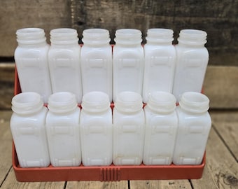 12 Vintage Griffith milk glass spice jars with Red Shelf
