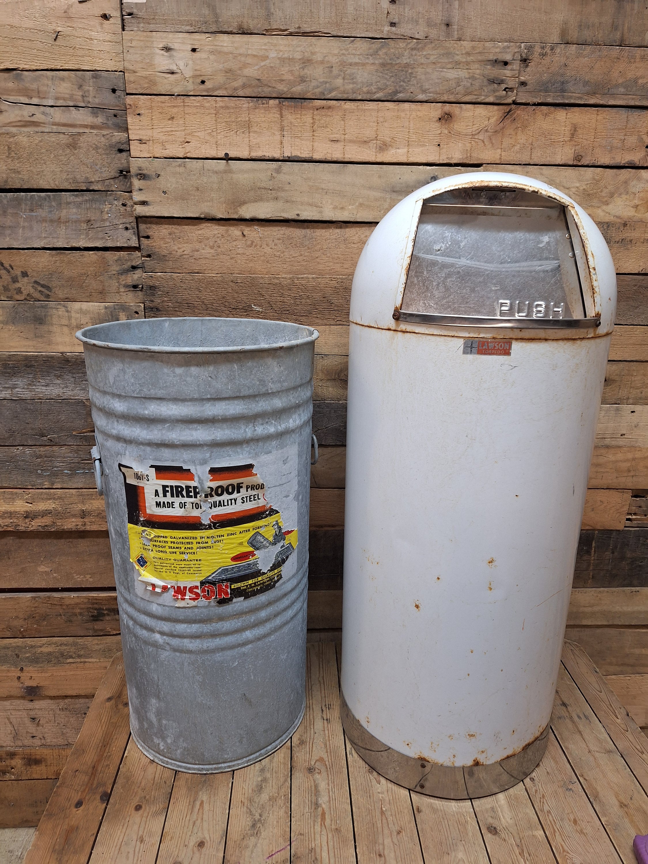 Vintage White Lawson Torpedo Industrial Dome Top Metal Trash Can