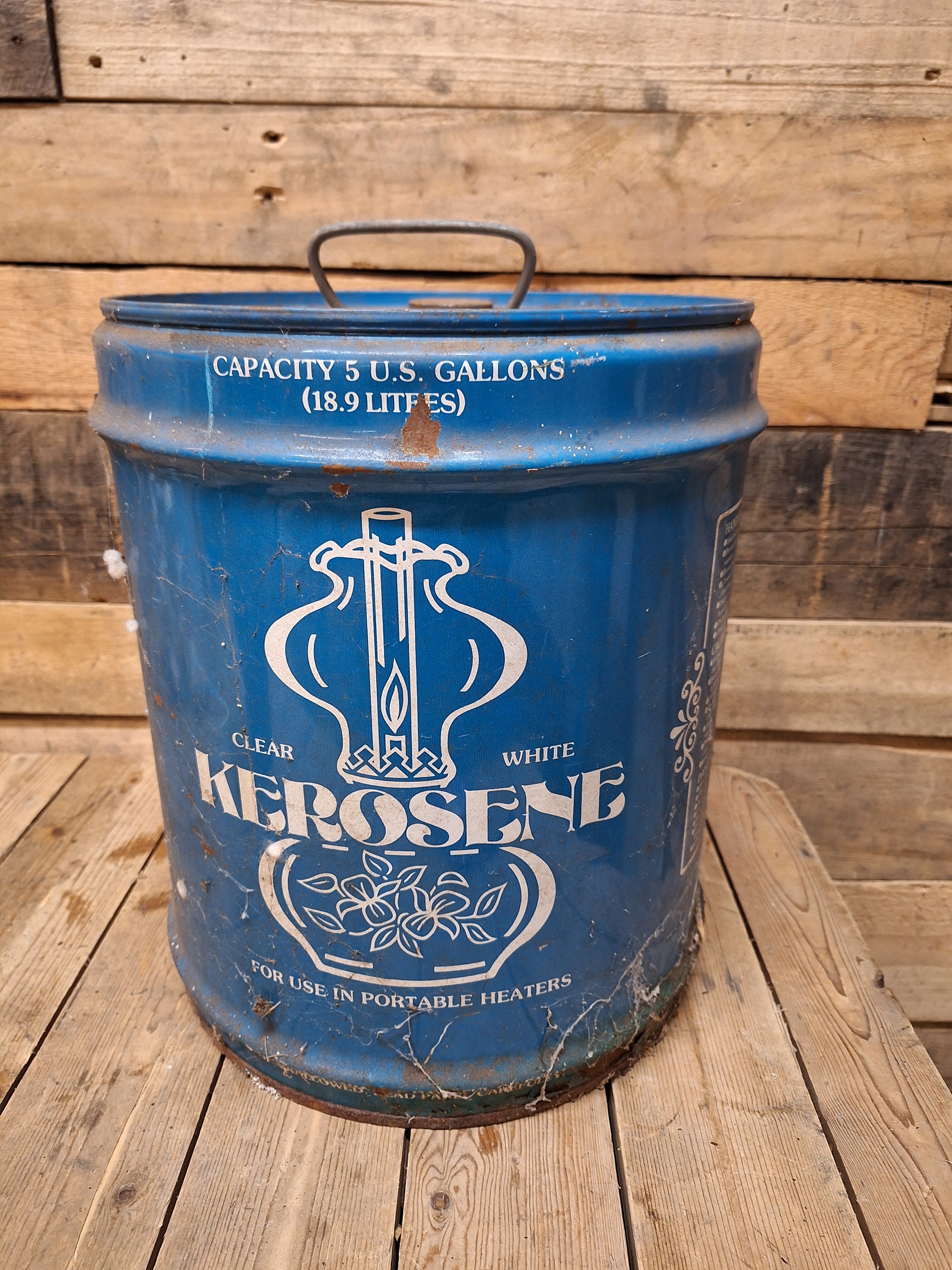 Vintage Blue White Metal 5 Gallon Kerosene Gas Oil Can Clear White