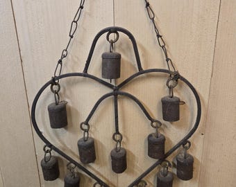 Vintage Metal Primitive Rustic Heart Shaped Bell Wind Chime