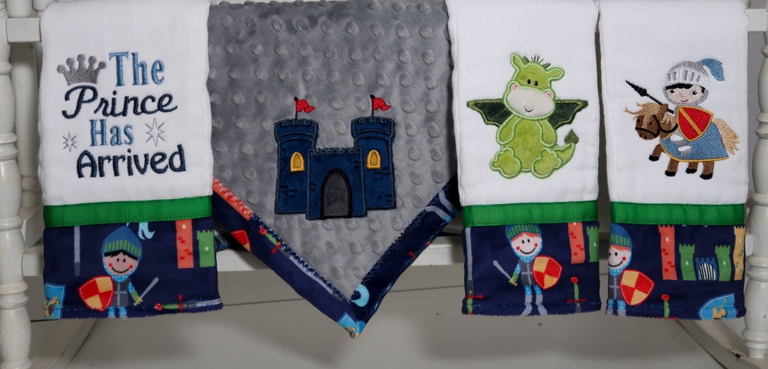 Dragon and Knight Burp Cloths and Lovey Security Blanket, Knight