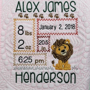 Lion birth stats baby blanket, Embroidered baby quilt, Personalized baby blanket, Monogram baby blanket, New baby gift