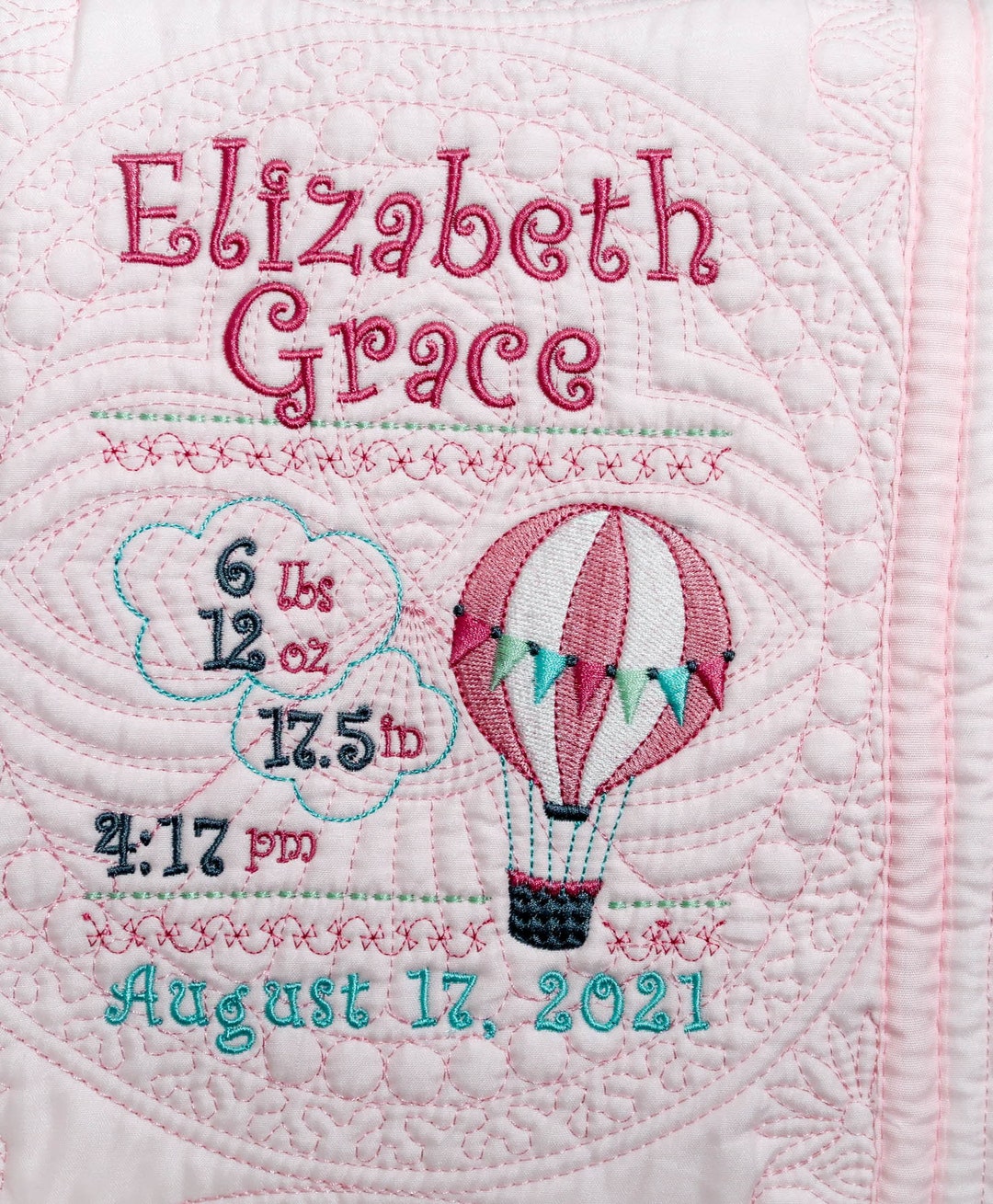 Hot Air Balloon Birth Stats Baby Blanket, Embroidered Baby Quilt ...