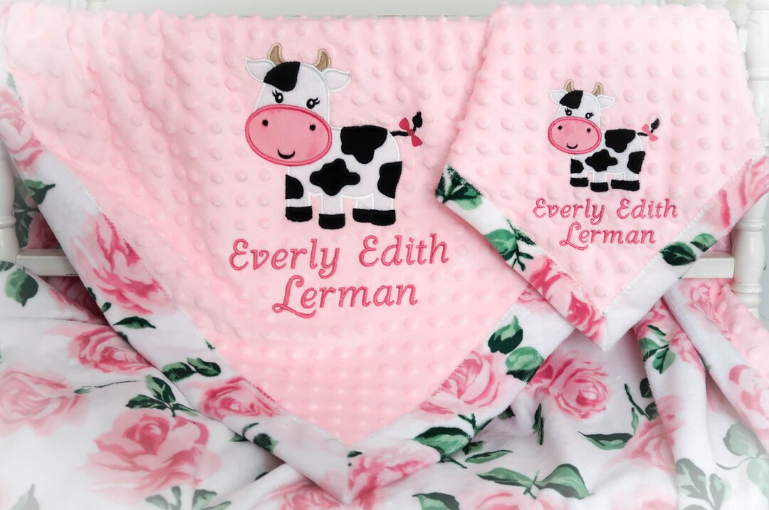 Shabby Chic Cow Baby Blanket, Personalized Baby Blanket, Personalized Minky Baby Blanket, Custom
